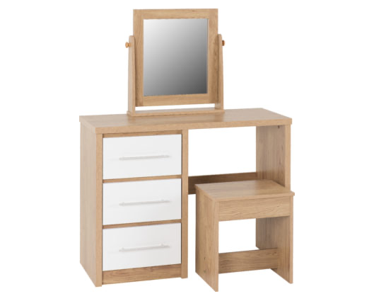 Santos 3 Drawer Dressing Table Set - White High Gloss/Light Oak Effect Veneer