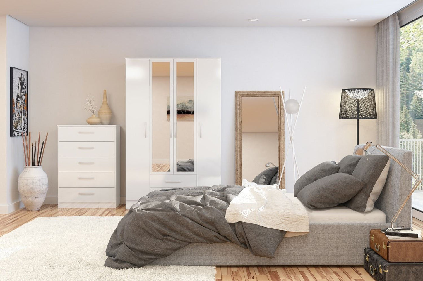 Larz 4 Door 2 Drawer Wardrobe With Mirror - White