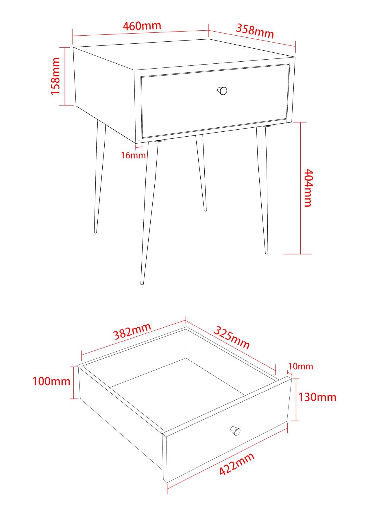 Jupiter metal 1 drawer bedside cabinet, copper drawer with black handle legs