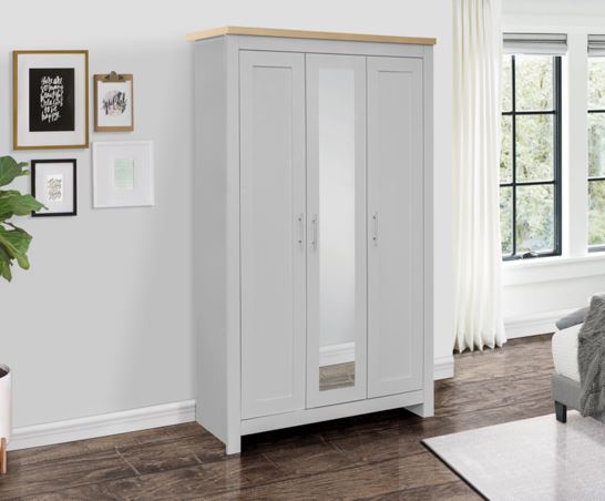 Harper 3 Door Wardrobe With Mirror- Grey & Oak
