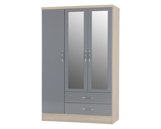Neptune 3 Door 2 Drawer Mirrored Wardrobe - Grey Gloss/Light Oak Effect Veneer