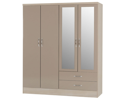 Neptune 4 Door 2 Drawer Mirrored Wardrobe - Oyster Gloss/Light Oak Effect Veneer
