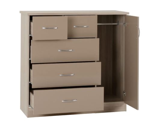 Neptune 5 Drawer Low Wardrobe - Oyster Gloss/Light Oak Effect Veneer
