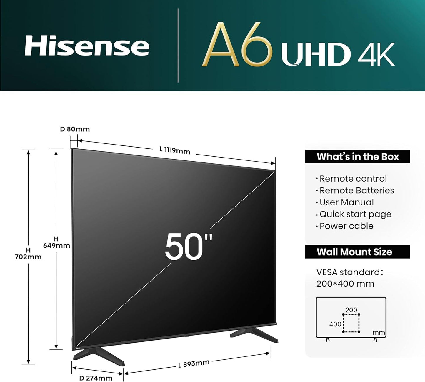 HISENSE 50A6NTUK 50" Smart 4K Ultra HD HDR LED TV with Amazon Alexa
