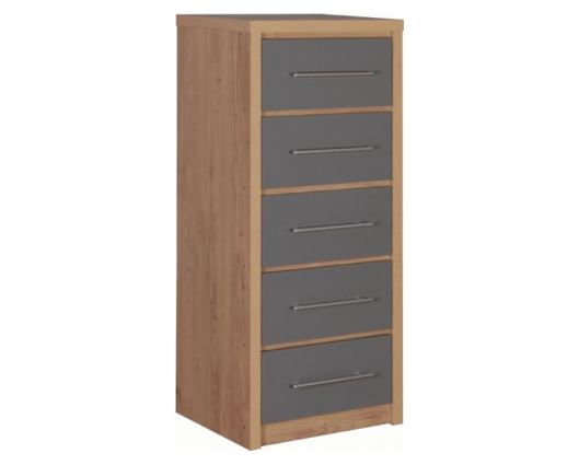 Santos 5 Drawer Narrow Chest - Grey High Gloss/Light Oak Effect Veneer