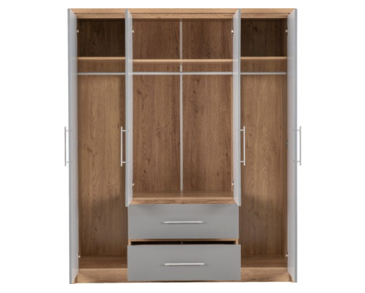 Santos 4 Door 2 Drawer Wardrobe - Grey High Gloss/Light Oak Effect Veneer