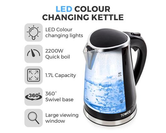 Tower 2200W 1.7 Litre LED Colour Changing Kettle