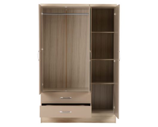 Neptune 3 Door 2 Drawer Mirrored Wardrobe - Oyster Gloss/Light Oak Effect Veneer