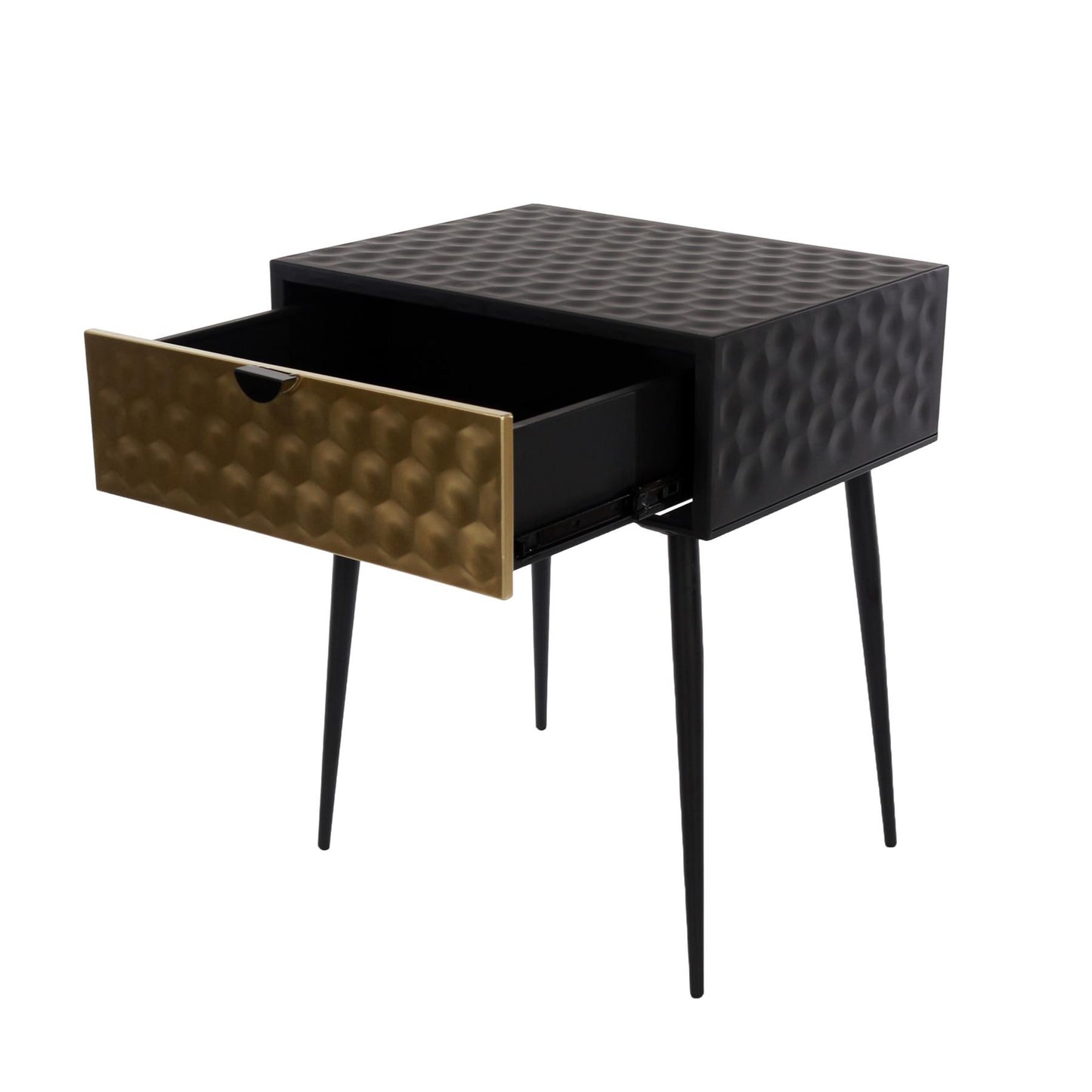 Jupiter metal 1 drawer bedside cabinet, gold drawer with black handle and legs