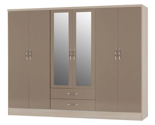 Neptune 6 Door 2 Drawer Mirrored Wardrobe - Oyster Gloss/Light Oak Effect Veneer