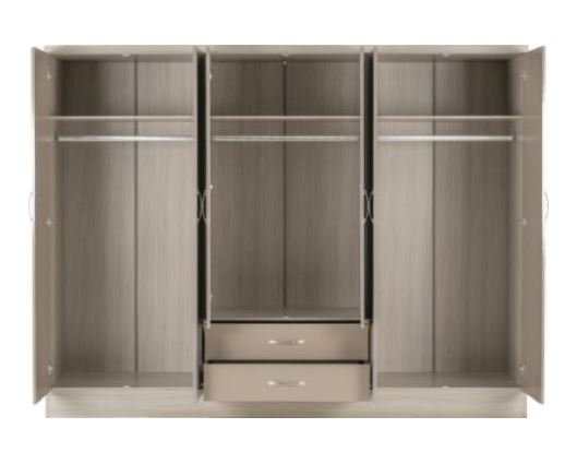 Neptune 6 Door 2 Drawer Mirrored Wardrobe - Oyster Gloss/Light Oak Effect Veneer