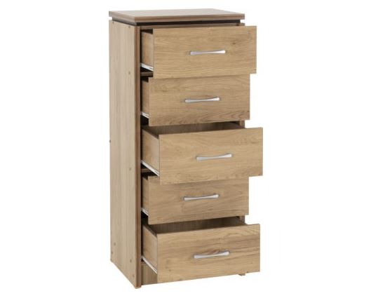 Cordell 5 Drawer Narrow Chest - Oak Effect Veneer with Walnut Trim