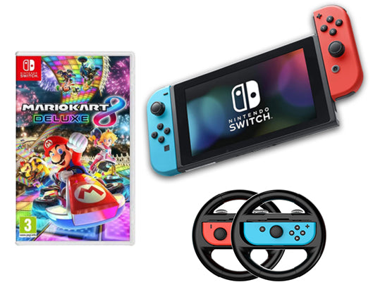 Nintendo Switch 1.1 Neon Console, Mario Kart 8 Deluxe + Joy Con Racing Wheels Twin Pack