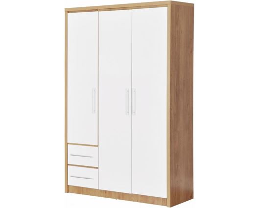Santos 3 Door 2 Drawer Wardrobe - White High Gloss/Light Oak Effect Veneer