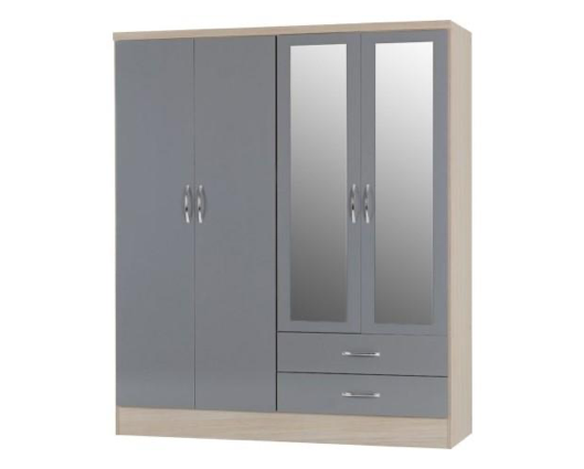 Neptune 4 Door 2 Drawer Mirrored Wardrobe - Grey Gloss/Light Oak Effect Veneer