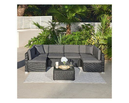7 Pcs Black Rattan Lounge Grey Cushions