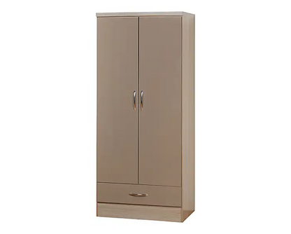 Neptune 2 Door 1 Drawer Wardrobe - Oyster Gloss/Light Oak Effect Veneer