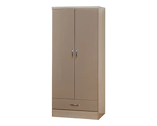 Neptune 2 Door 1 Drawer Wardrobe - Oyster Gloss/Light Oak Effect Veneer