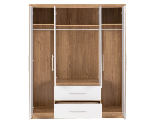 Santos 4 Door 2 Drawer Wardrobe - White High Gloss/Light Oak Effect Veneer