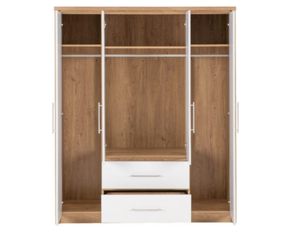 Santos 4 Door 2 Drawer Wardrobe - White High Gloss/Light Oak Effect Veneer