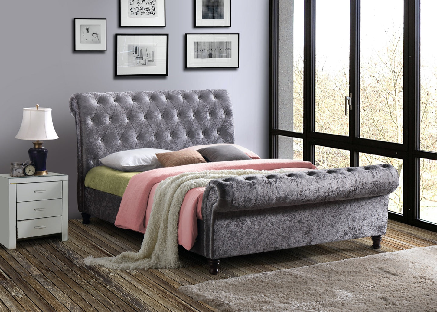 Charlton Crushed Velvet Super King Bed - Steel