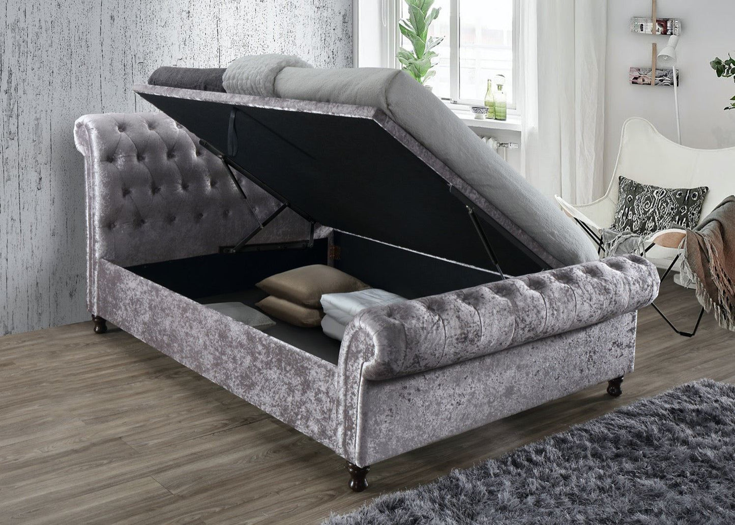 Charlton Side Lift Ottoman King Bed - Steel Crushed Velvet