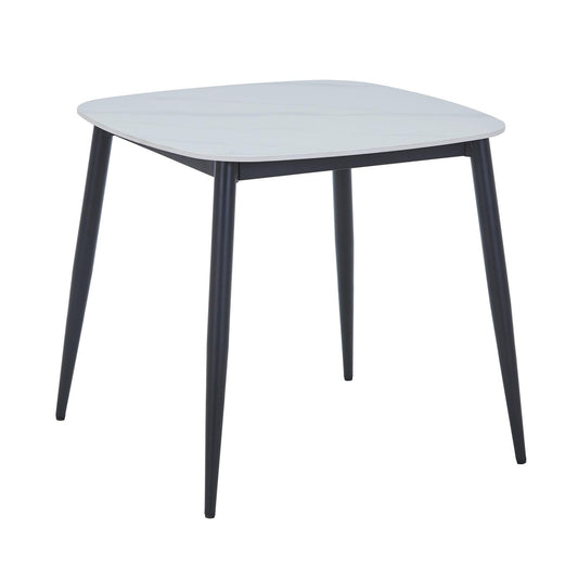 Aspen square dining table, gloss white sintered stone top with black tapered legs