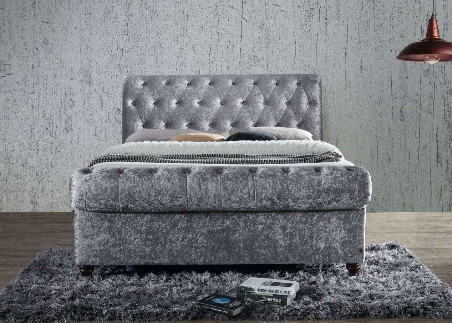 Charlton Side Lift Ottoman King Bed - Steel Crushed Velvet