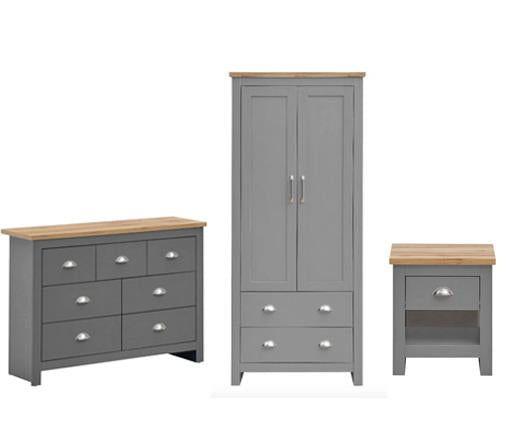 Lincoln 3 Piece Bedroom Set (2 Door Wardrobe, 2+2 Chest, 1 Drawer Bedside)