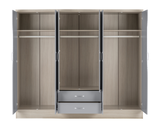 Neptune 6 Door 2 Drawer Mirrored Wardrobe - Grey Gloss/Light Oak Effect Veneer