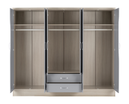 Neptune 6 Door 2 Drawer Mirrored Wardrobe - Grey Gloss/Light Oak Effect Veneer