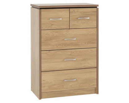Cordell 3+2 Drawer Chest - Oak Effect Veneer with Walnut Trim