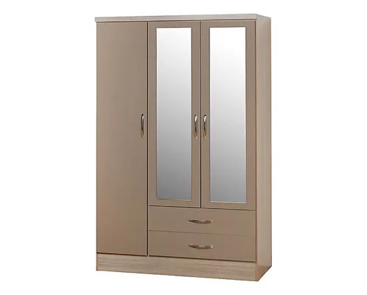 Neptune 3 Door 2 Drawer Mirrored Wardrobe - Oyster Gloss/Light Oak Effect Veneer