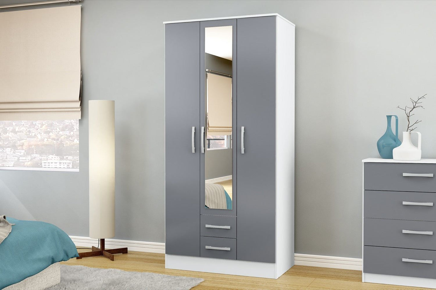 Larz 3 Door 2 Drawer Wardrobe With Mirror - White & Grey