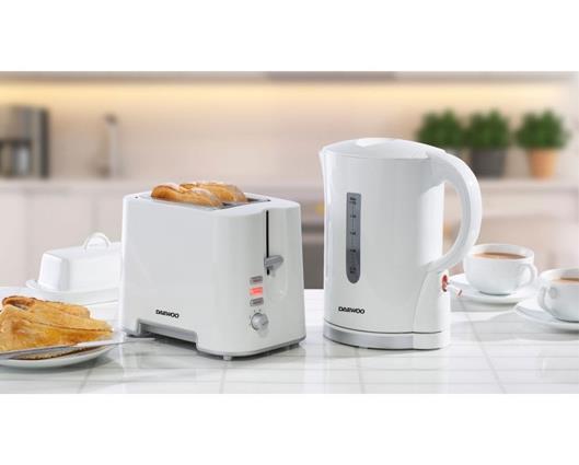 Daewoo 1.7L White Plastic Kettle, 2 Slice White Plastic Toaster and Tower 20L 800W Manual Microwave