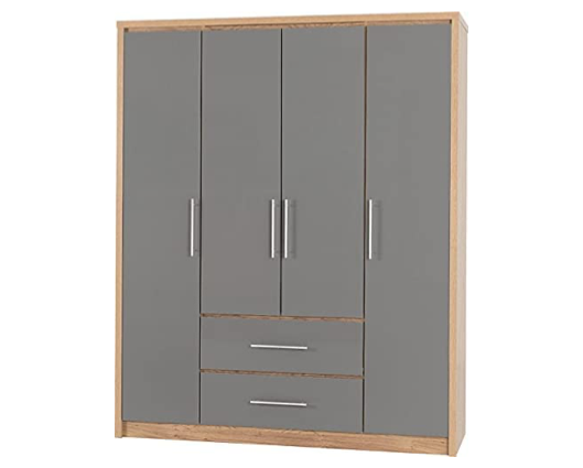 Santos 4 Door 2 Drawer Wardrobe - Grey High Gloss/Light Oak Effect Veneer