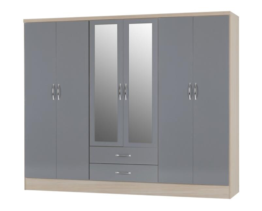 Neptune 6 Door 2 Drawer Mirrored Wardrobe - Grey Gloss/Light Oak Effect Veneer
