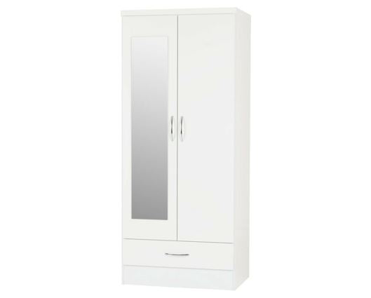 Neptune Mirrored 2 Door 1 Drawer Wardrobe - White Gloss
