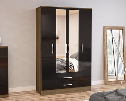 Lynx 4 Door 2 Drawer Wardrobe With Mirror- Walnut & Black