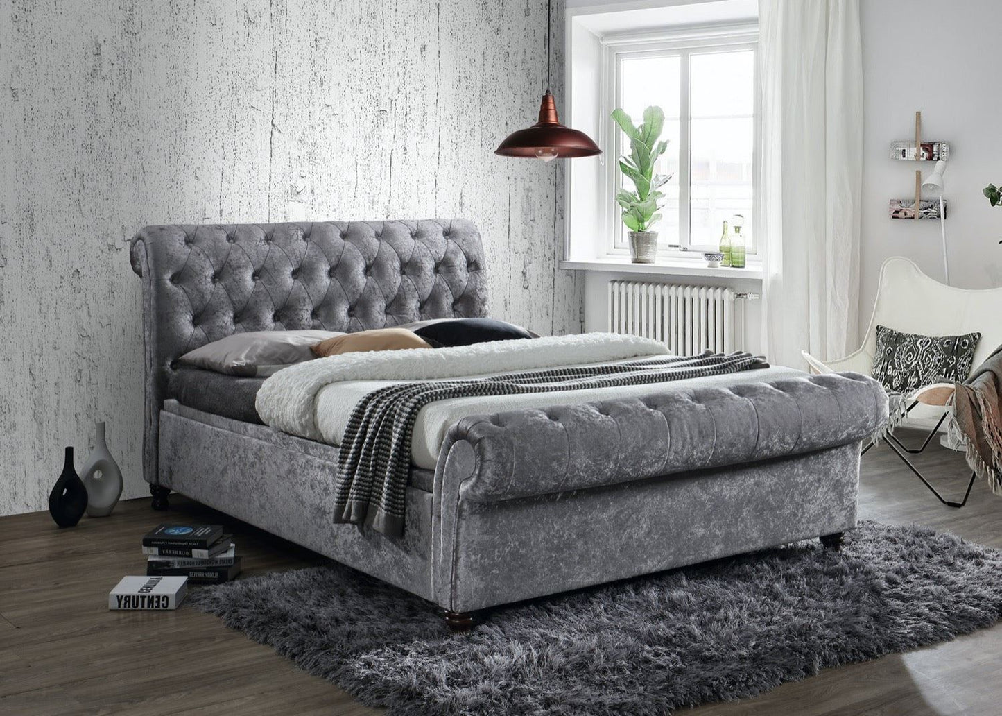 Charlton Side Lift Ottoman King Bed - Steel Crushed Velvet