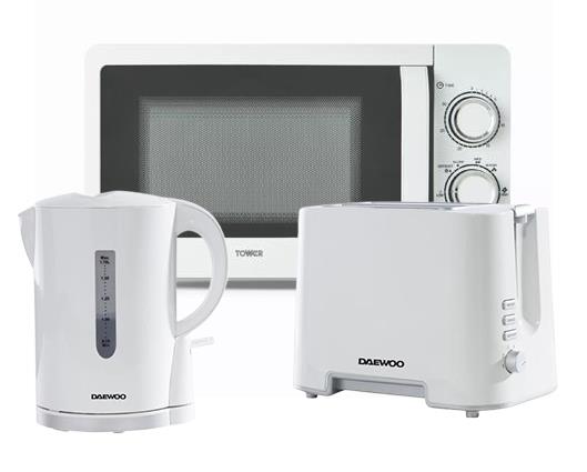 Daewoo 1.7L White Plastic Kettle, 2 Slice White Plastic Toaster and Tower 20L 800W Manual Microwave