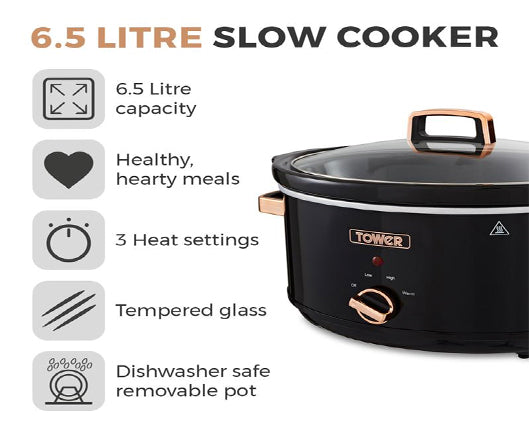 Tower Rose Gold 6.5L Slow Cooker Black