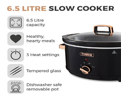 Tower Rose Gold 6.5L Slow Cooker Black