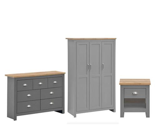 Lincoln 3 Piece Bedroom Set (3 Door Wardrobe, 3+4 Chest, 1 Drawer Bedside)