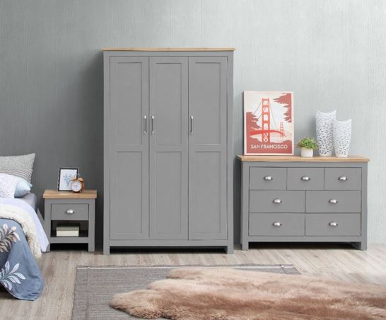 Lincoln 3 Piece Bedroom Set (3 Door Wardrobe, 3+4 Chest, 1 Drawer Bedside)