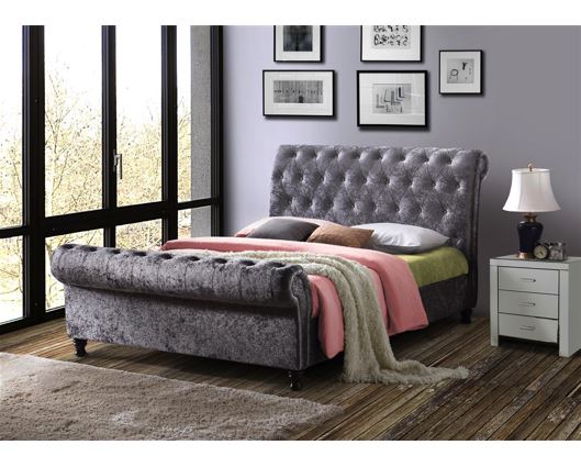 Castello Double Bed - Steel Crushed Velvet