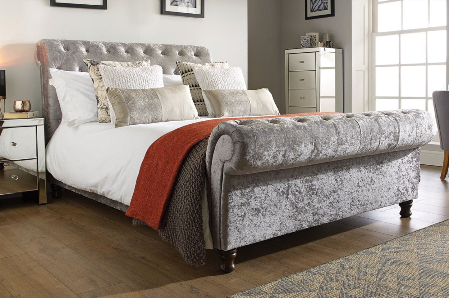 Charlton Side Lift Ottoman King Bed - Steel Crushed Velvet