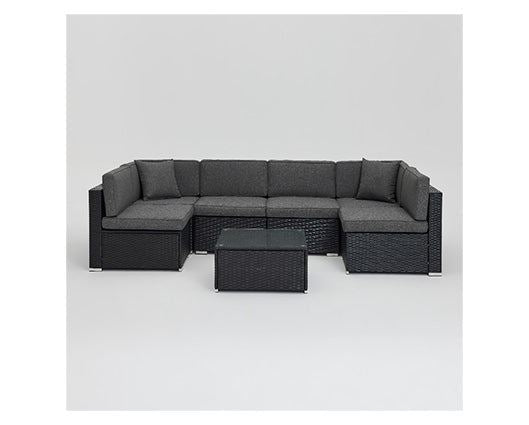 7 Pcs Black Rattan Lounge Grey Cushions