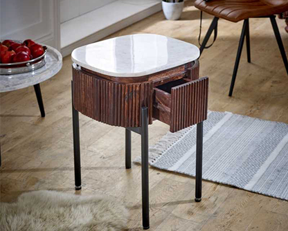 Olin Mango Wood Bedside Table With Marble Top & Metal Legs