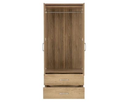 Cordell 2 Door 2 Drawer Wardrobe - Oak Effect Veneer with Walnut Trim